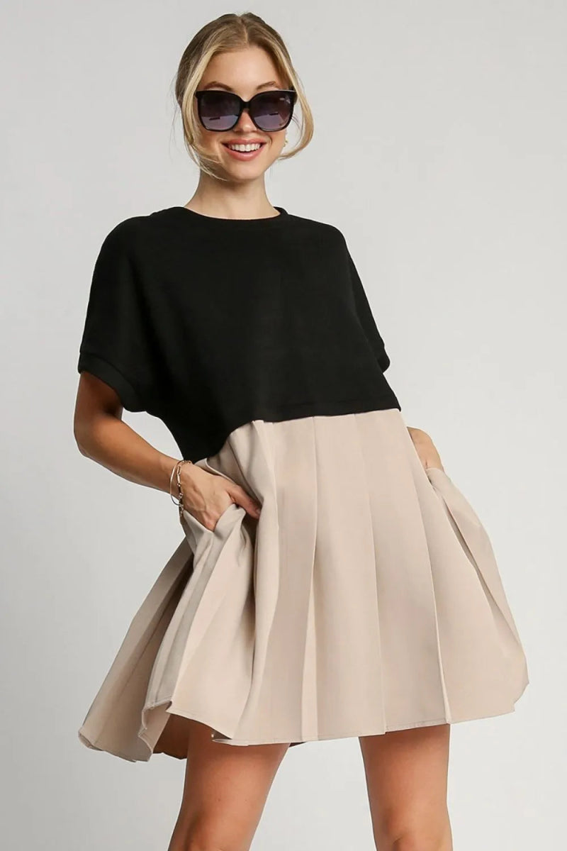 Umgee Full Size Round Neck Pleated Dress with Side Pockets Plus Size - Love Salve 