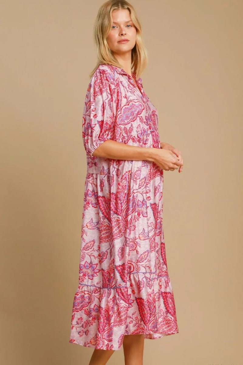 Umgee Full Size Ruffled Hem Floral Paisley Print Dress Plus Size - Love Salve 