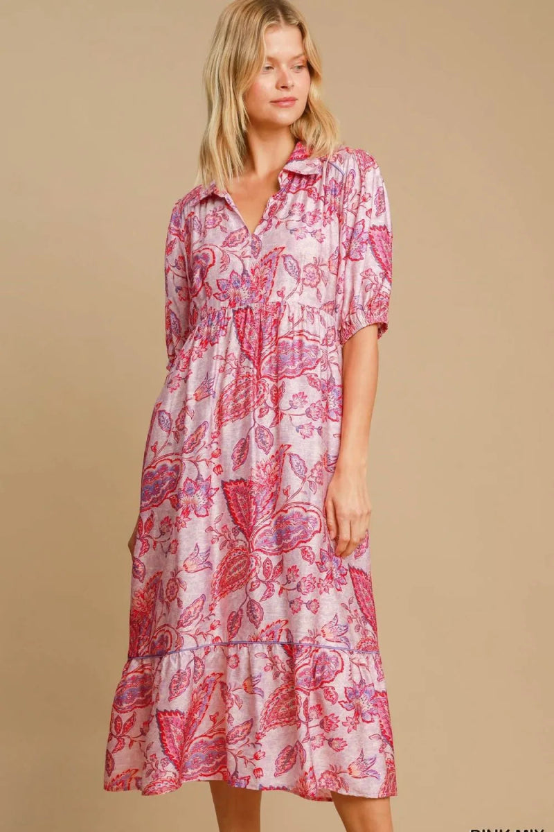 Umgee Full Size Ruffled Hem Floral Paisley Print Dress Plus Size - Love Salve 