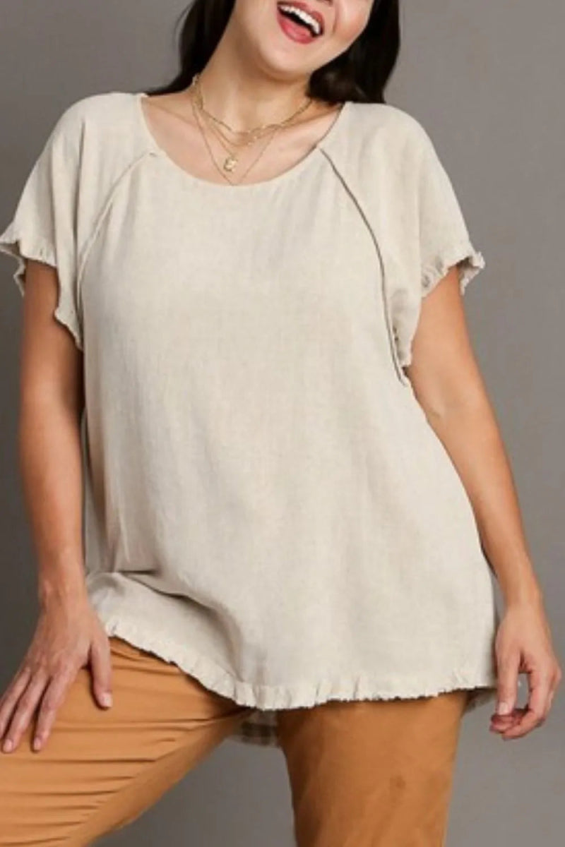 Umgee Full Size Seam Detail Linen Ruffle Edge Top Plus Size - Love Salve 