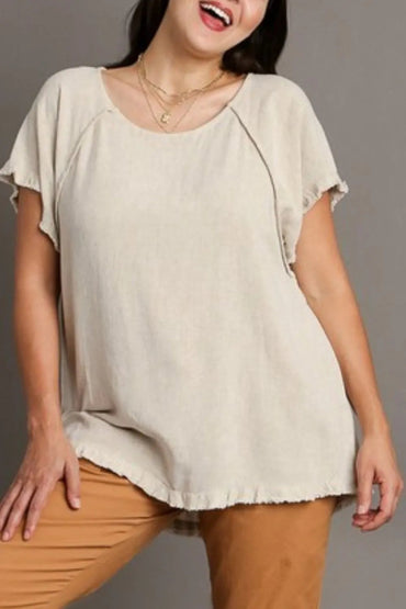 Umgee Full Size Seam Detail Linen Ruffle Edge Top Plus Size - Love Salve 