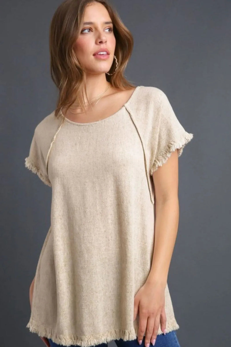 Umgee Full Size Seam Detail Linen Ruffle Edge Top Plus Size - Love Salve 