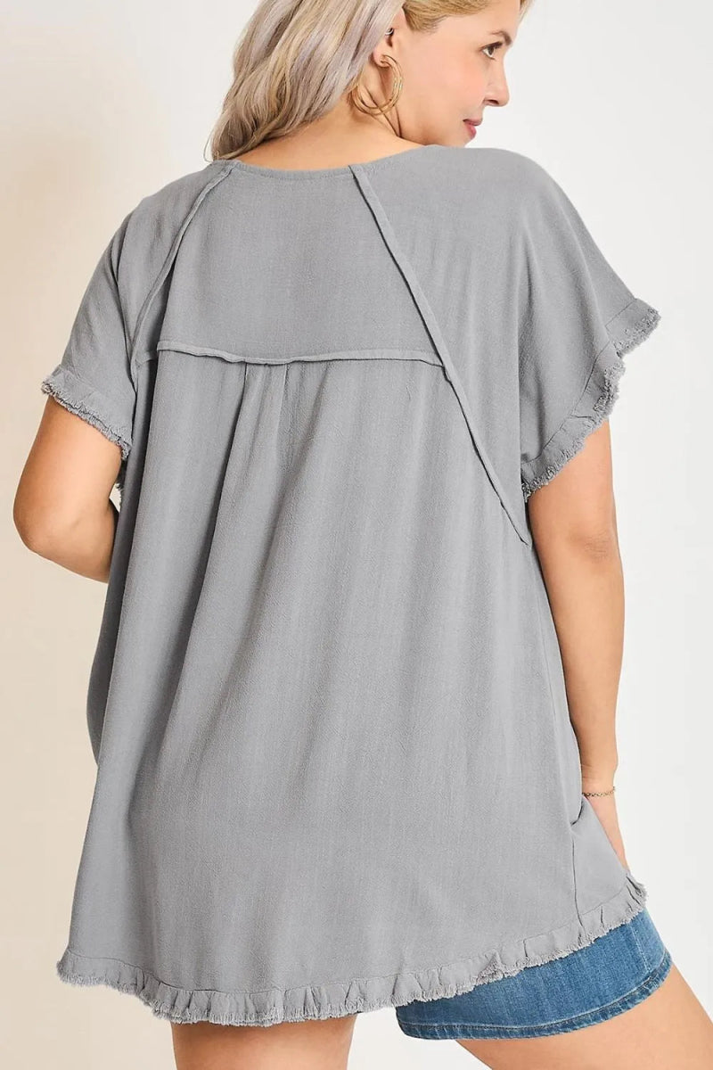Umgee Full Size Seam Detail Linen Ruffle Fringe Edge Top Plus Size - Love Salve 