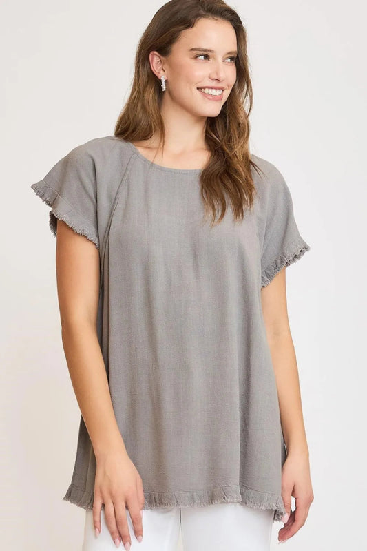 Umgee Full Size Seam Detail Linen Ruffle Fringe Edge Top Plus Size - Love Salve 