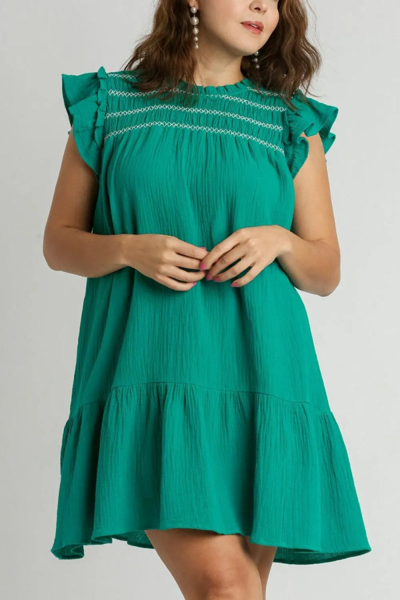 Umgee Full Size Smocked Contrast Stitching Ruffle Dress Plus Size - Love Salve 