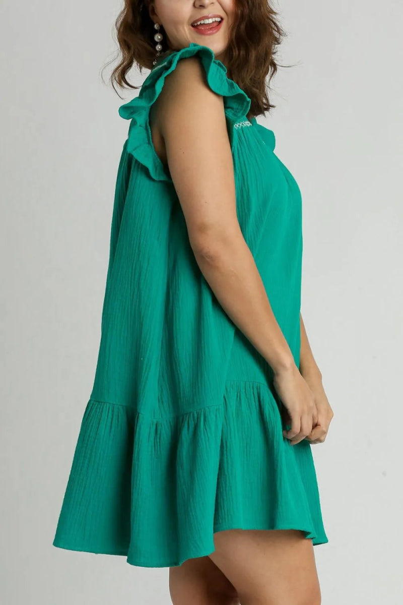 Umgee Full Size Smocked Contrast Stitching Ruffle Dress Plus Size - Love Salve 