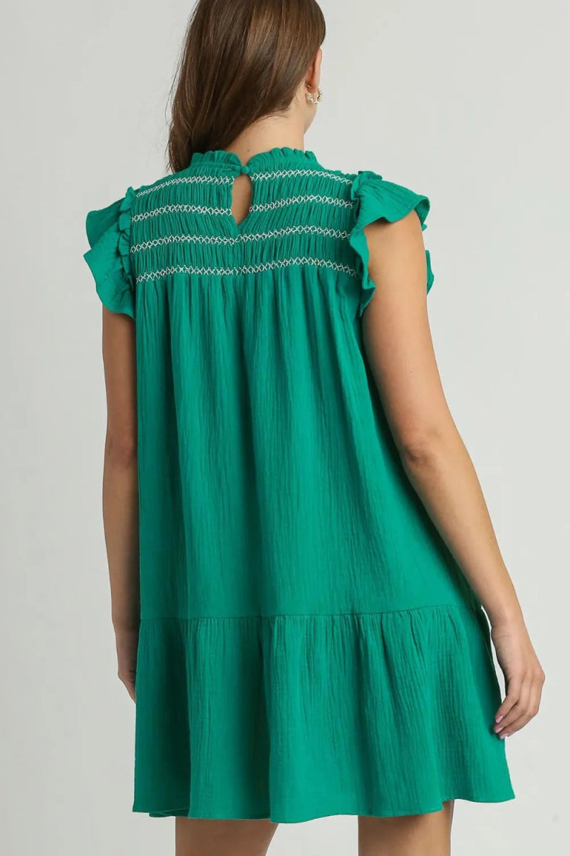 Umgee Full Size Smocked Contrast Stitching Ruffle Dress Plus Size - Love Salve 
