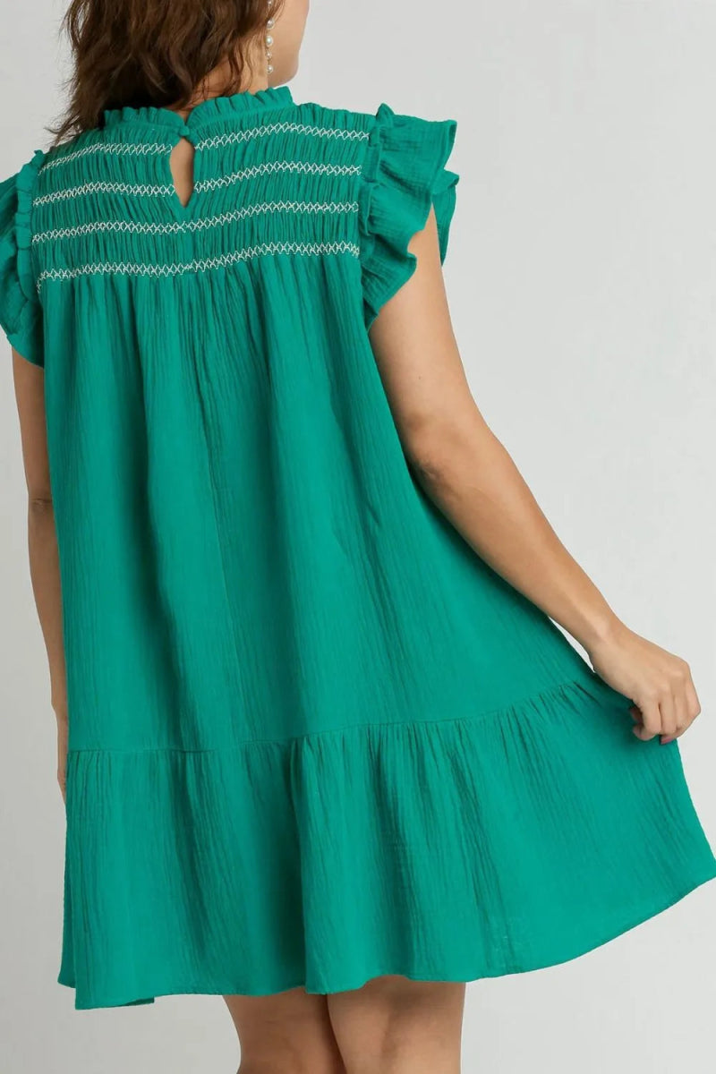 Umgee Full Size Smocked Contrast Stitching Ruffle Dress Plus Size - Love Salve 