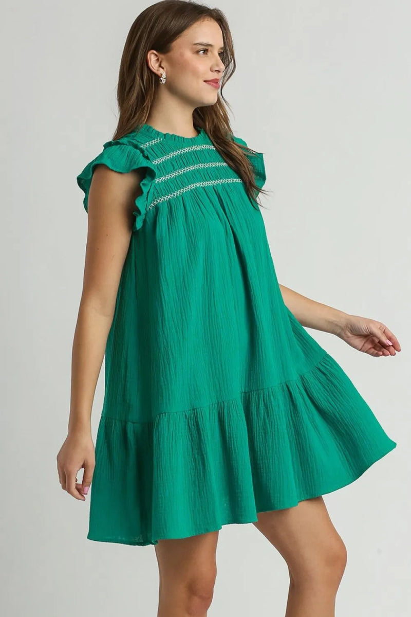 Umgee Full Size Smocked Contrast Stitching Ruffle Dress Plus Size - Love Salve 