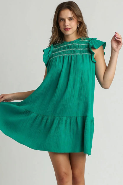 Umgee Full Size Smocked Contrast Stitching Ruffle Dress Plus Size - Love Salve 