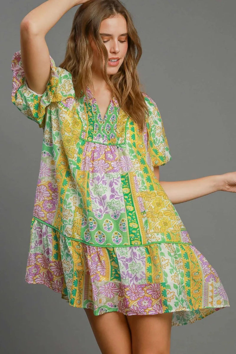 Umgee Full Size Smocked Floral Puff Sleeve Mini Dress Plus Size - Love Salve