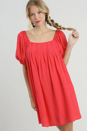 Umgee Full Size Squared Neck Puff Sleeve Mini Dress Plus Size - Love Salve 