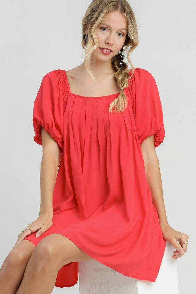 Umgee Full Size Squared Neck Puff Sleeve Mini Dress Plus Size - Love Salve 