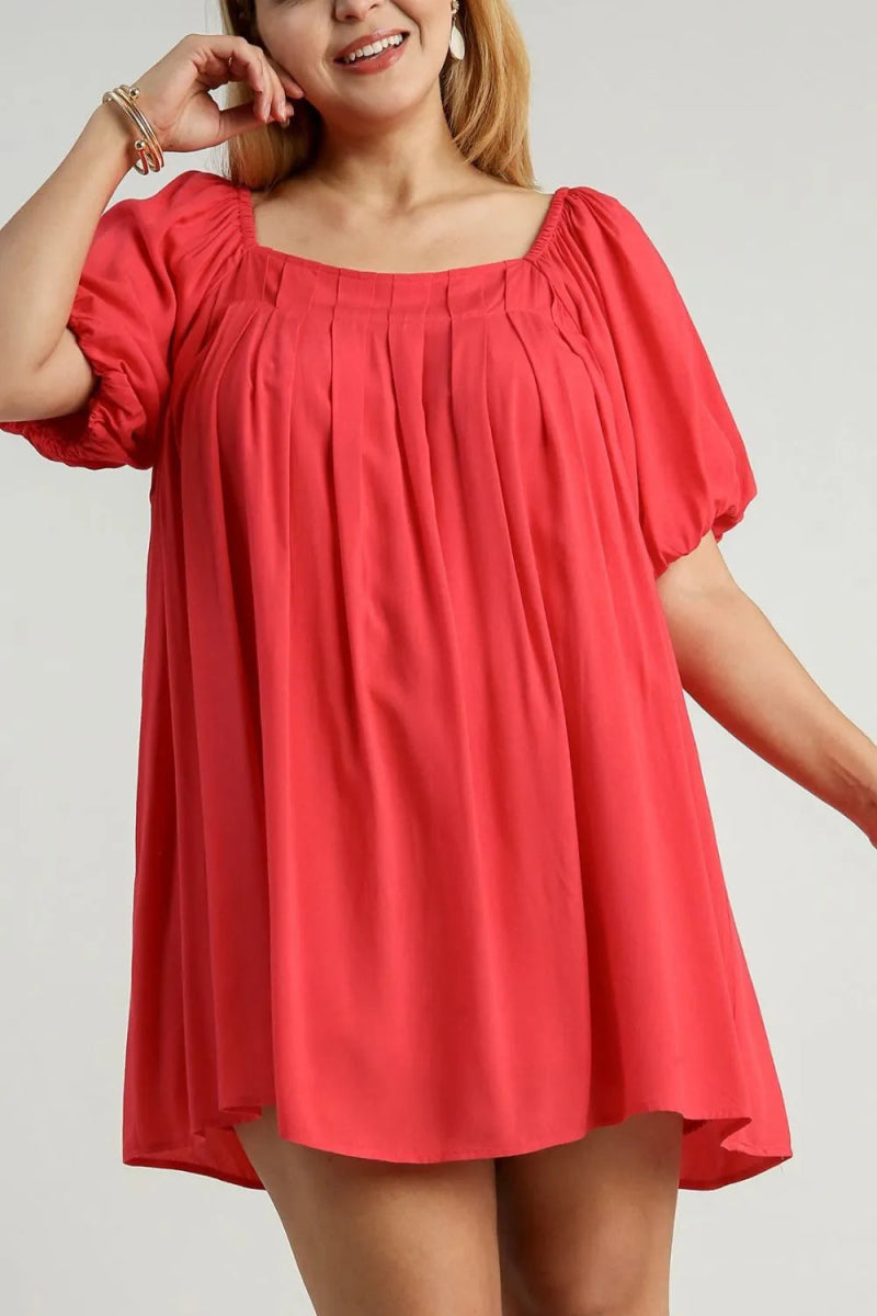 Umgee Full Size Squared Neck Puff Sleeve Mini Dress Plus Size - Love Salve 