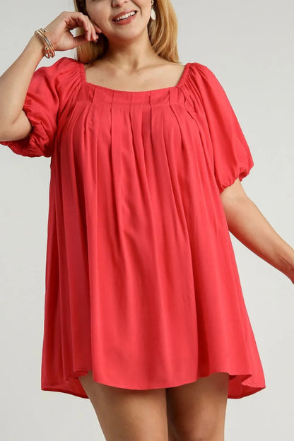 Umgee Full Size Squared Neck Puff Sleeve Mini Dress Plus Size - Love Salve 
