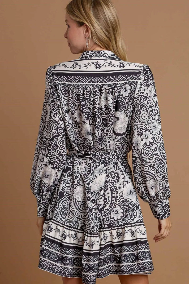 Umgee Full Size Two Tone Floral Border Print Tie Waist Mini Dress Plus Size - Love Salve 