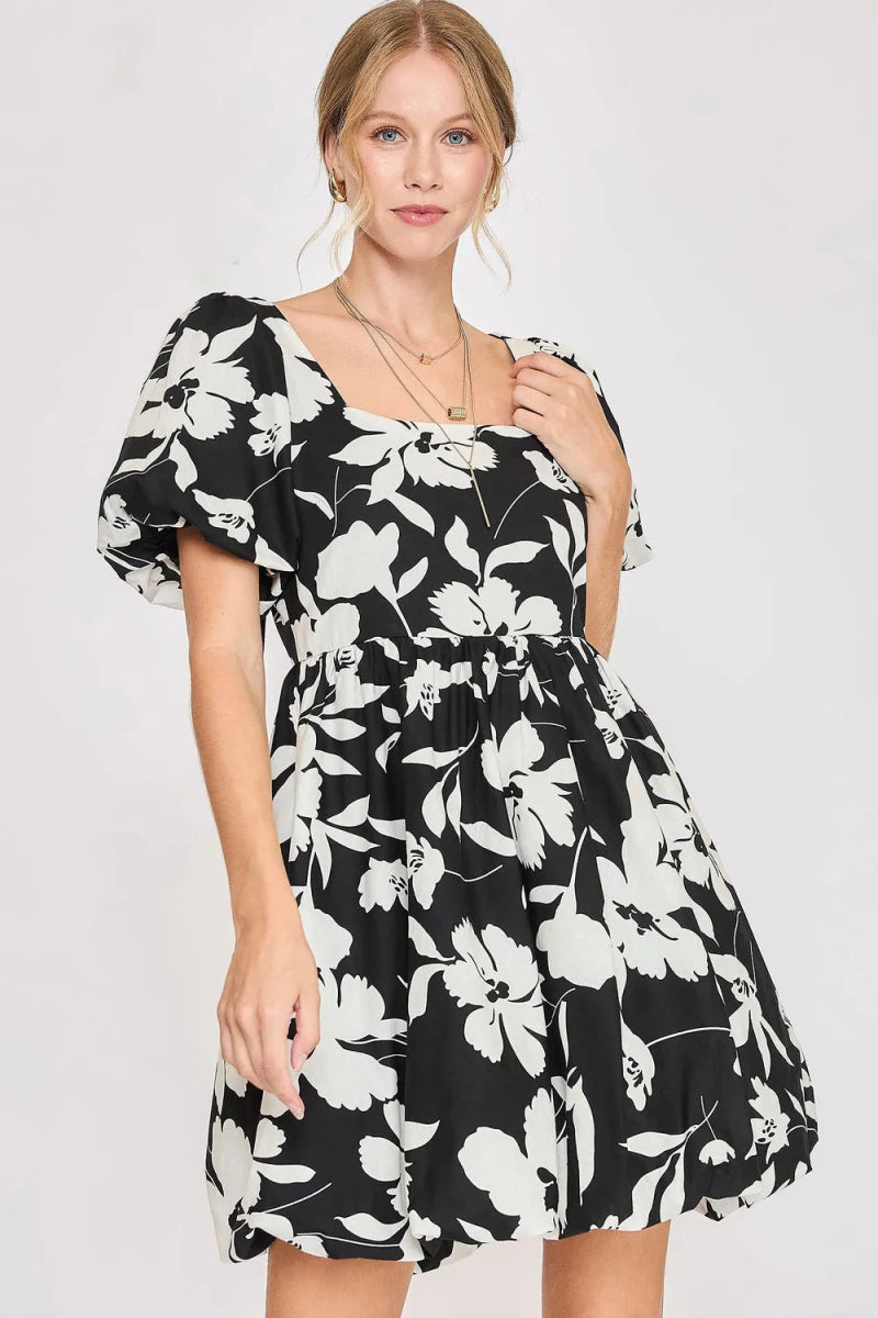 Umgee Full Size Two Tone Floral Print Babydoll Dress Plus Size - Love Salve