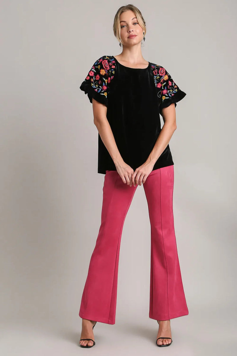 Umgee Full Size Velvet Embroidery Short Sleeve Blouse - Love Salve 