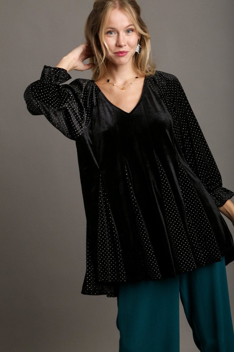 Umgee Godet Hem Polka Dot V-Neck Blouse for Women - Love Salve 
