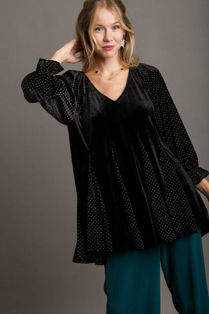 Umgee Godet Hem Polka Dot V-Neck Blouse for Women - Love Salve 