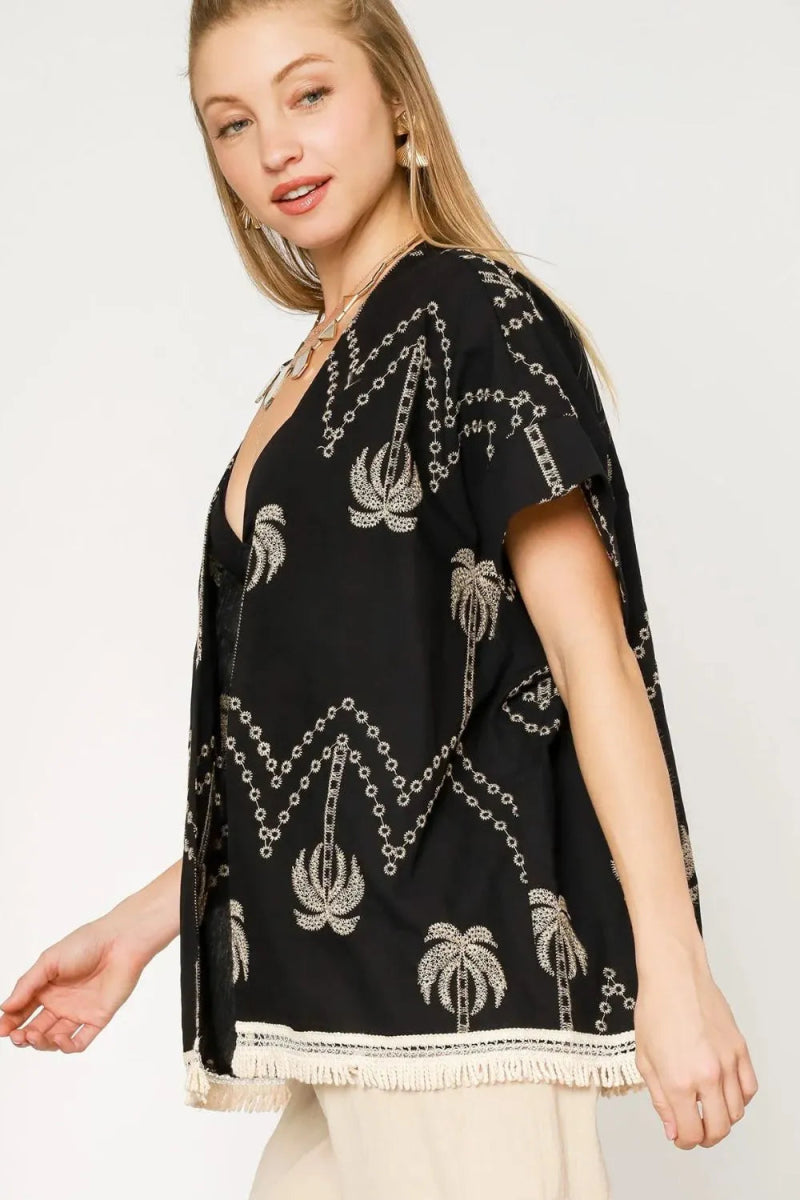 Umgee Open Front Embroidered Fringe Kimono - Love Salve