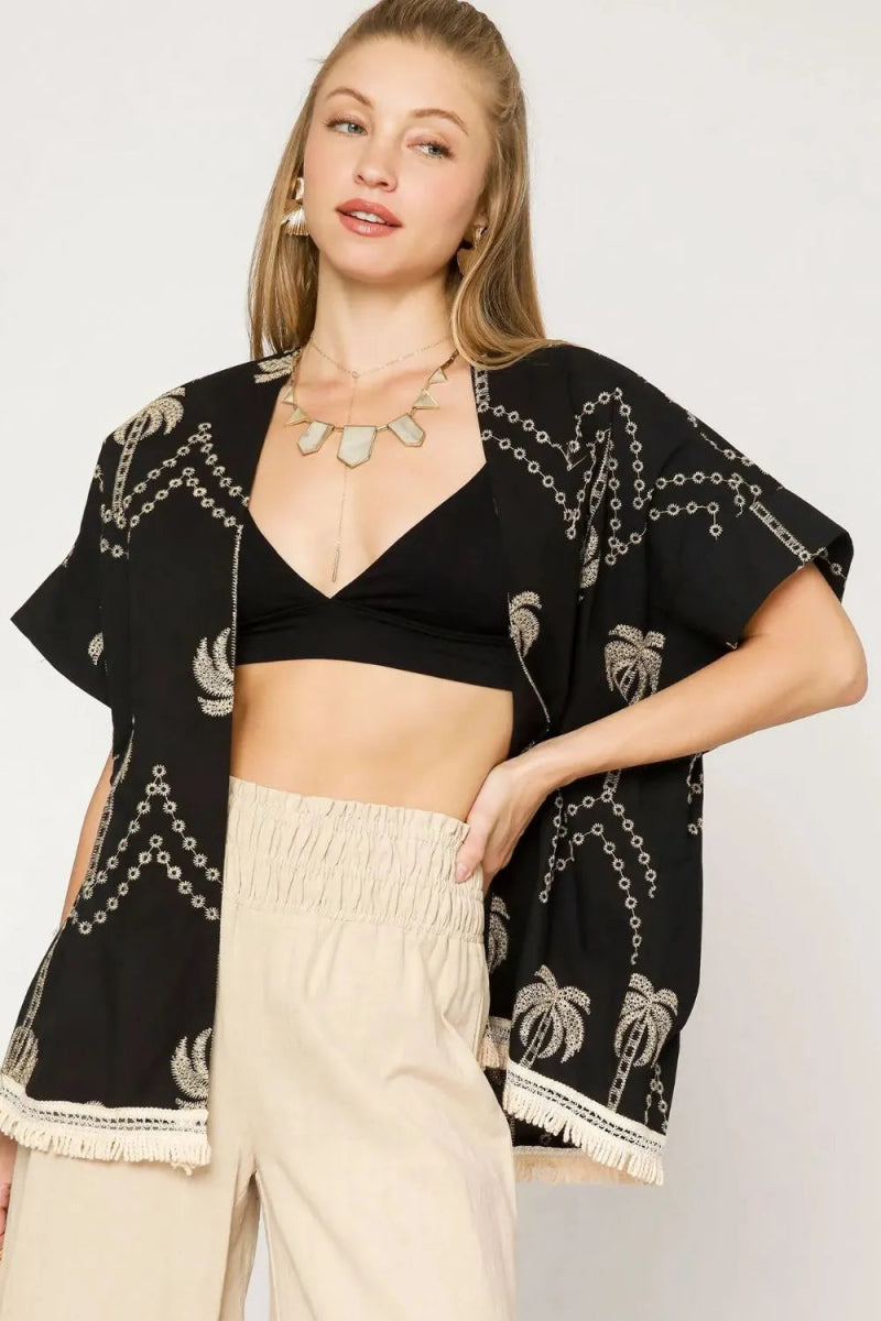 Umgee Open Front Embroidered Fringe Kimono - Love Salve