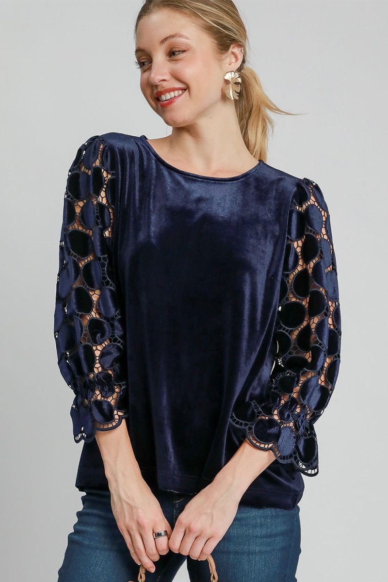Umgee Polka Dot Lace Long Sleeve Round Neck Blouse - Love Salve 