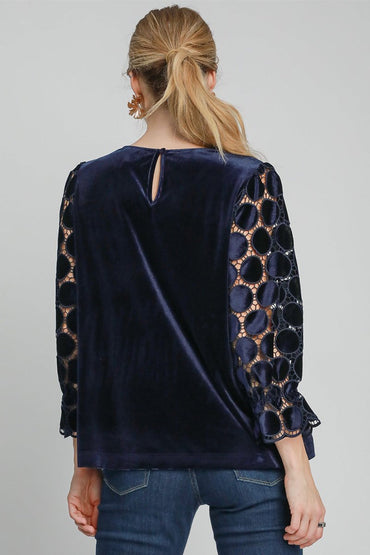 Umgee Polka Dot Lace Long Sleeve Round Neck Blouse - Love Salve 