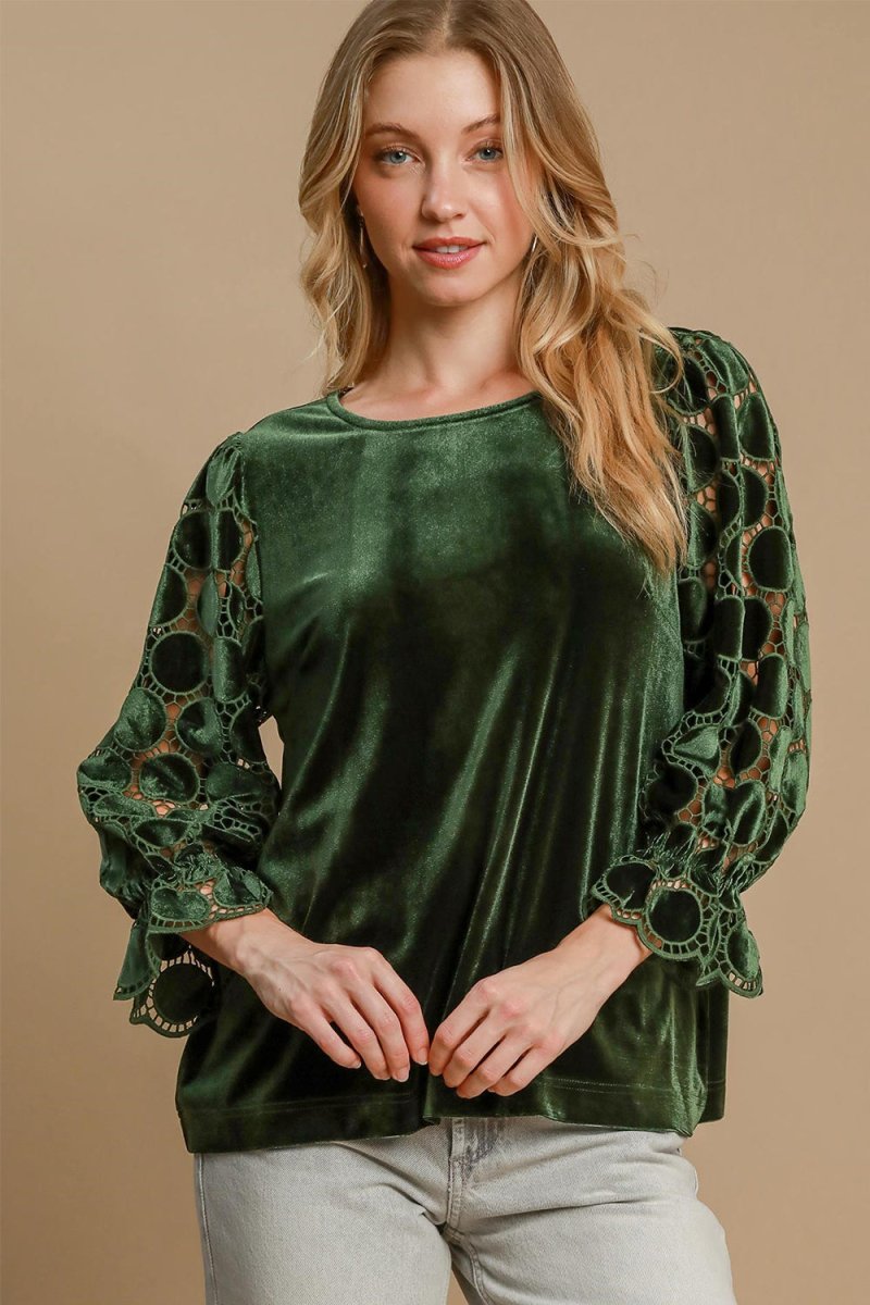Umgee Polka Dot Lace Long Sleeve Round Neck Blouse for Women - Love Salve 