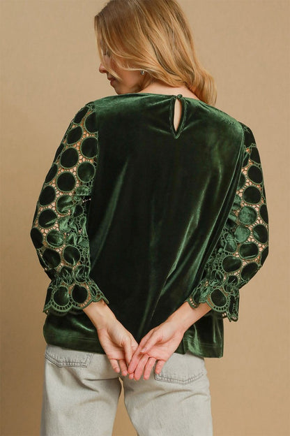 Umgee Polka Dot Lace Long Sleeve Round Neck Blouse for Women - Love Salve 