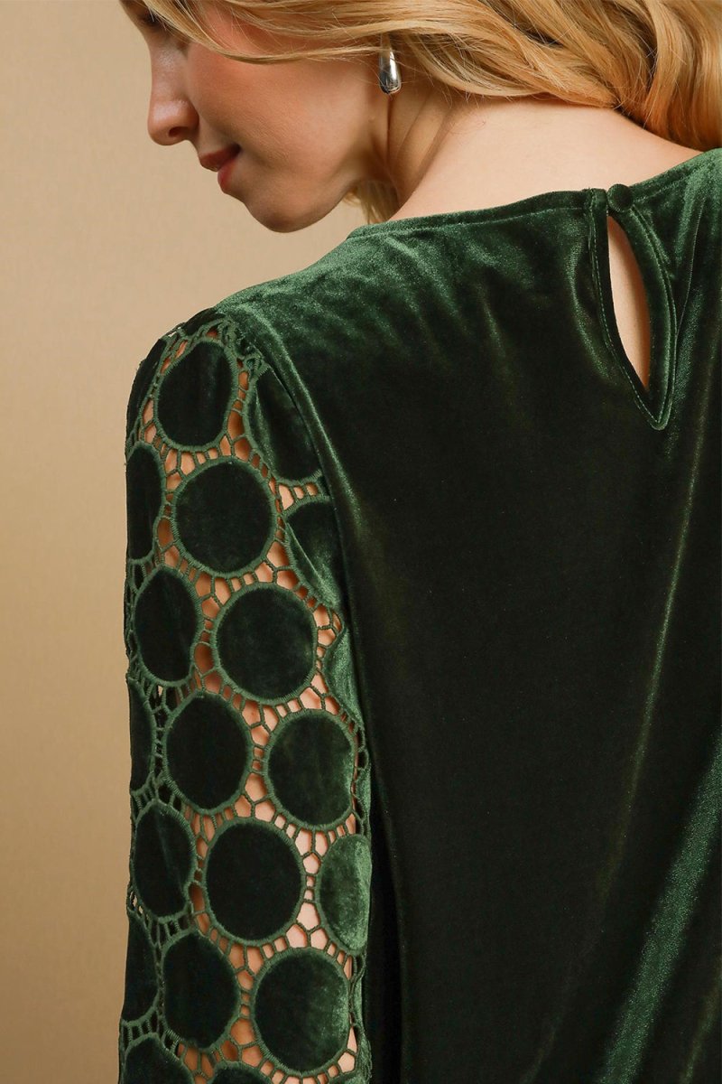 Umgee Polka Dot Lace Long Sleeve Round Neck Blouse for Women - Love Salve 