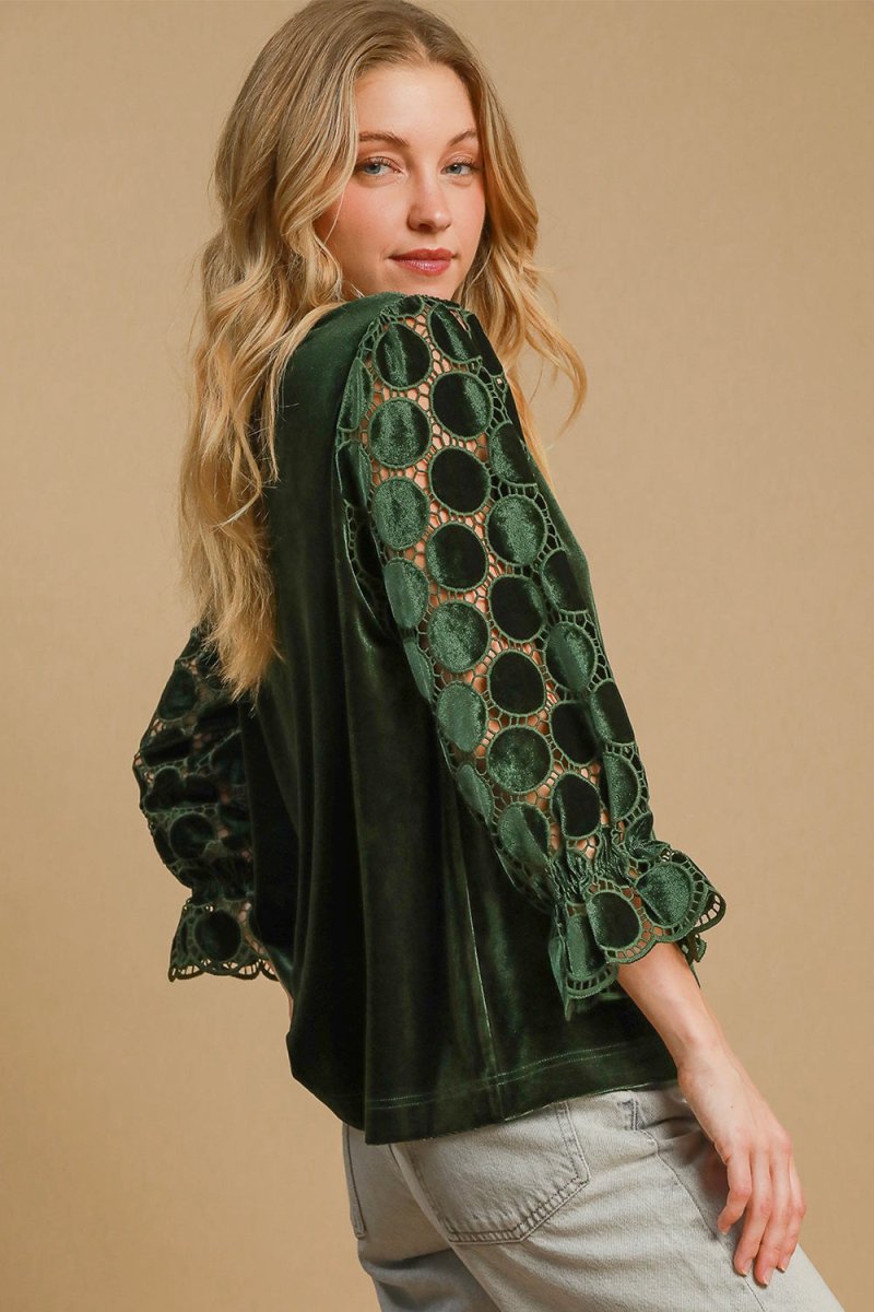Umgee Polka Dot Lace Long Sleeve Round Neck Blouse for Women - Love Salve 