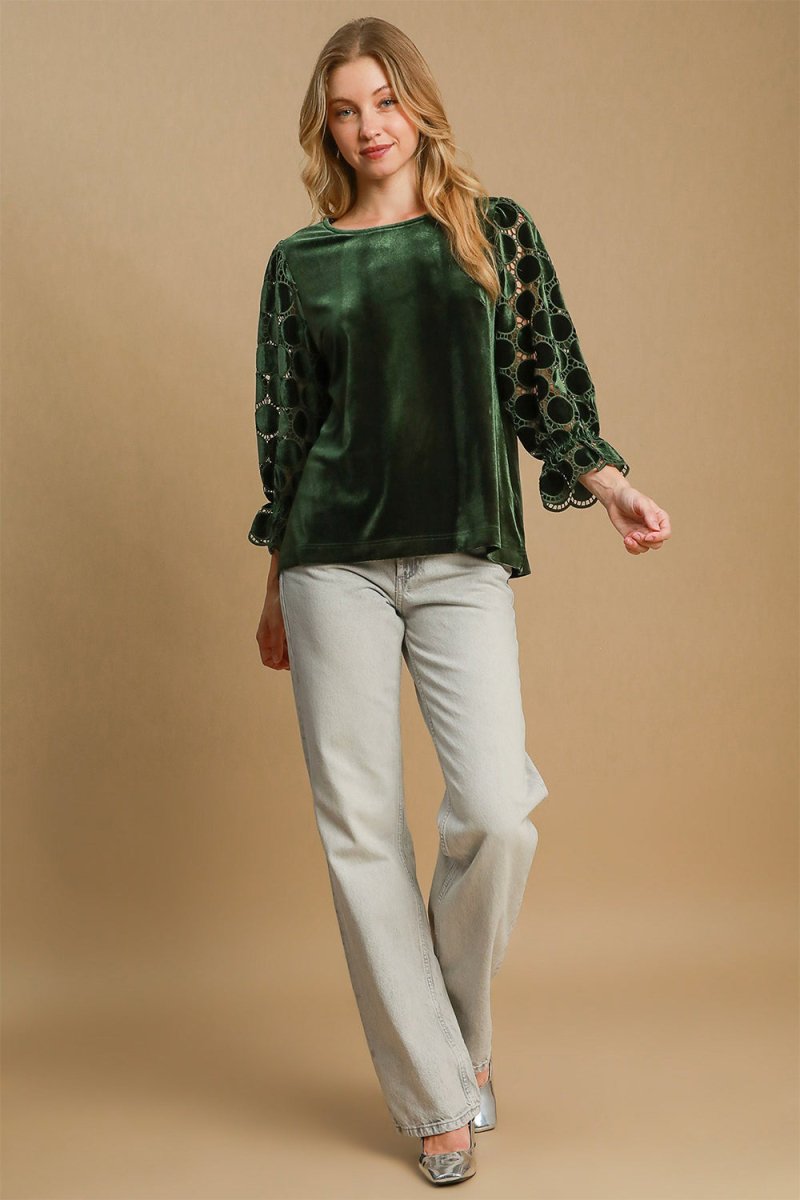 Umgee Polka Dot Lace Long Sleeve Round Neck Blouse for Women - Love Salve 