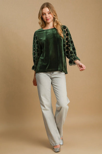 Umgee Polka Dot Lace Long Sleeve Round Neck Blouse for Women - Love Salve 