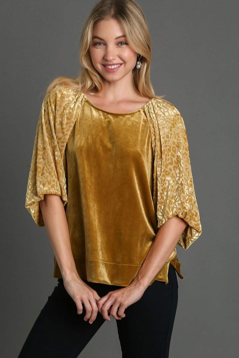 Umgee Round Neck Leopard Balloon Sleeve Velvet Top for Women - Love Salve 