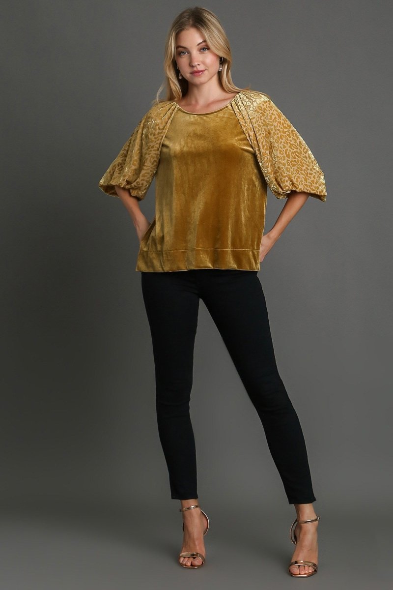 Umgee Round Neck Leopard Balloon Sleeve Velvet Top for Women - Love Salve 
