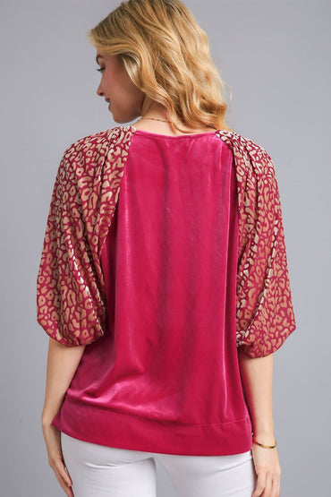 Umgee Round Neck Leopard Balloon Sleeve Velvet Top for Women - Love Salve 