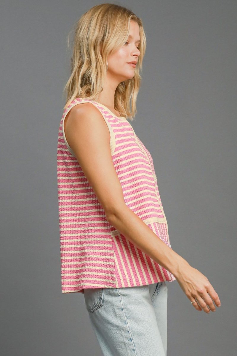 Umgee Round Neck Texture Striped Tank for Casual Style - Love Salve 