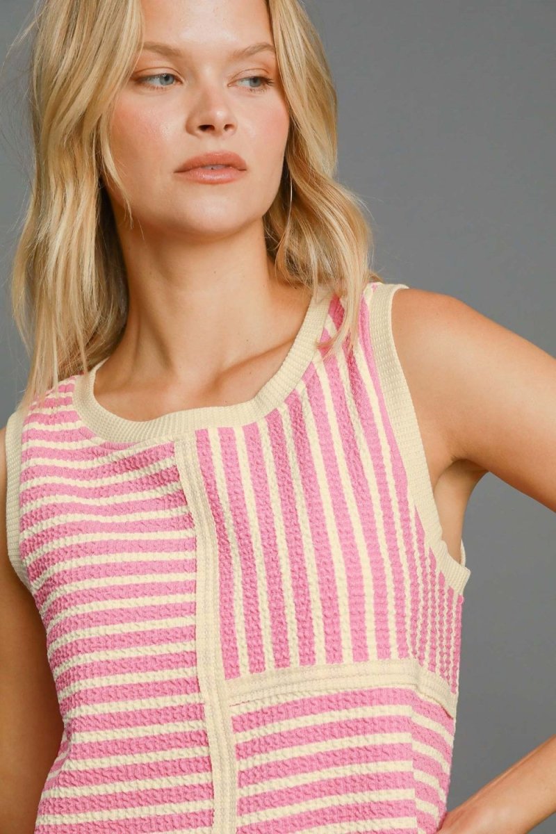 Umgee Round Neck Texture Striped Tank for Casual Style - Love Salve 