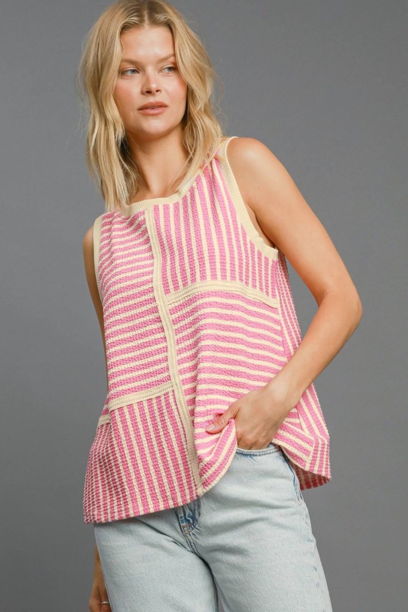 Umgee Round Neck Texture Striped Tank for Casual Style - Love Salve 