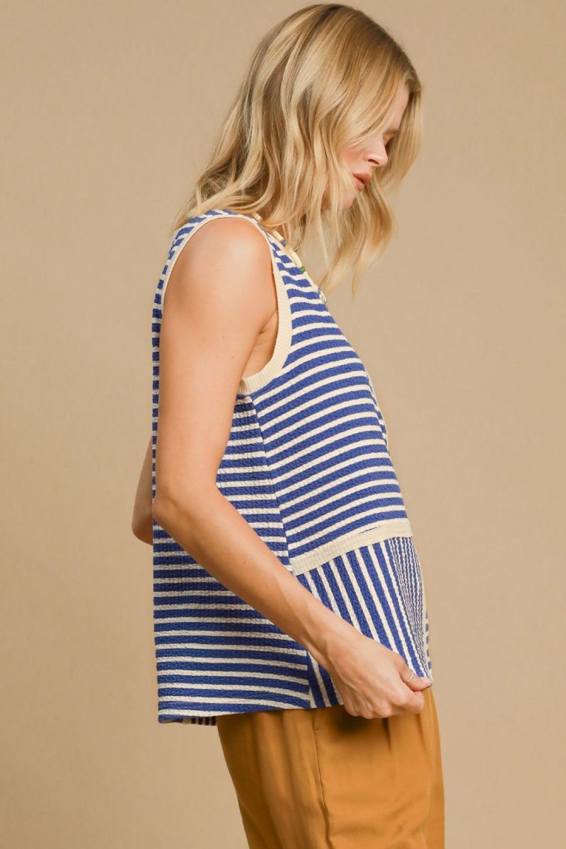 Umgee Round Neck Texture Striped Tank for Stylish Outfits - Love Salve 