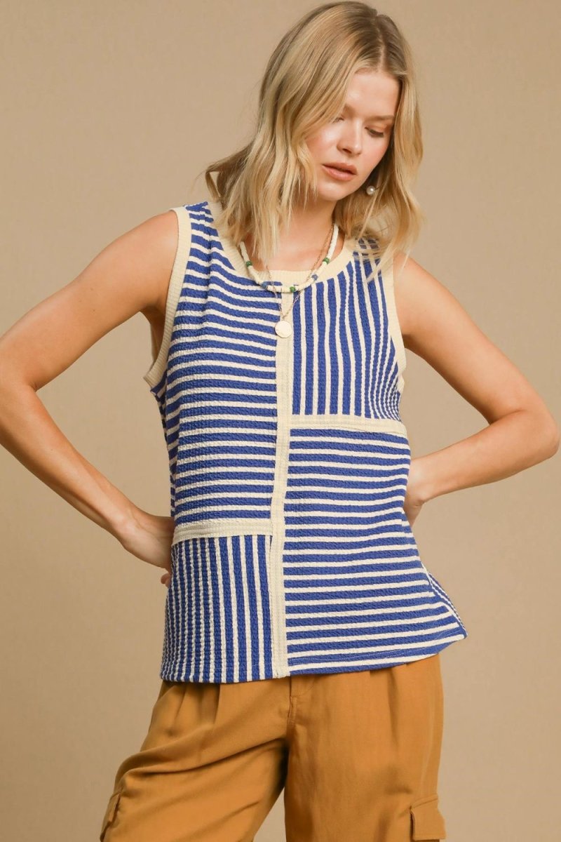 Umgee Round Neck Texture Striped Tank for Stylish Outfits - Love Salve 