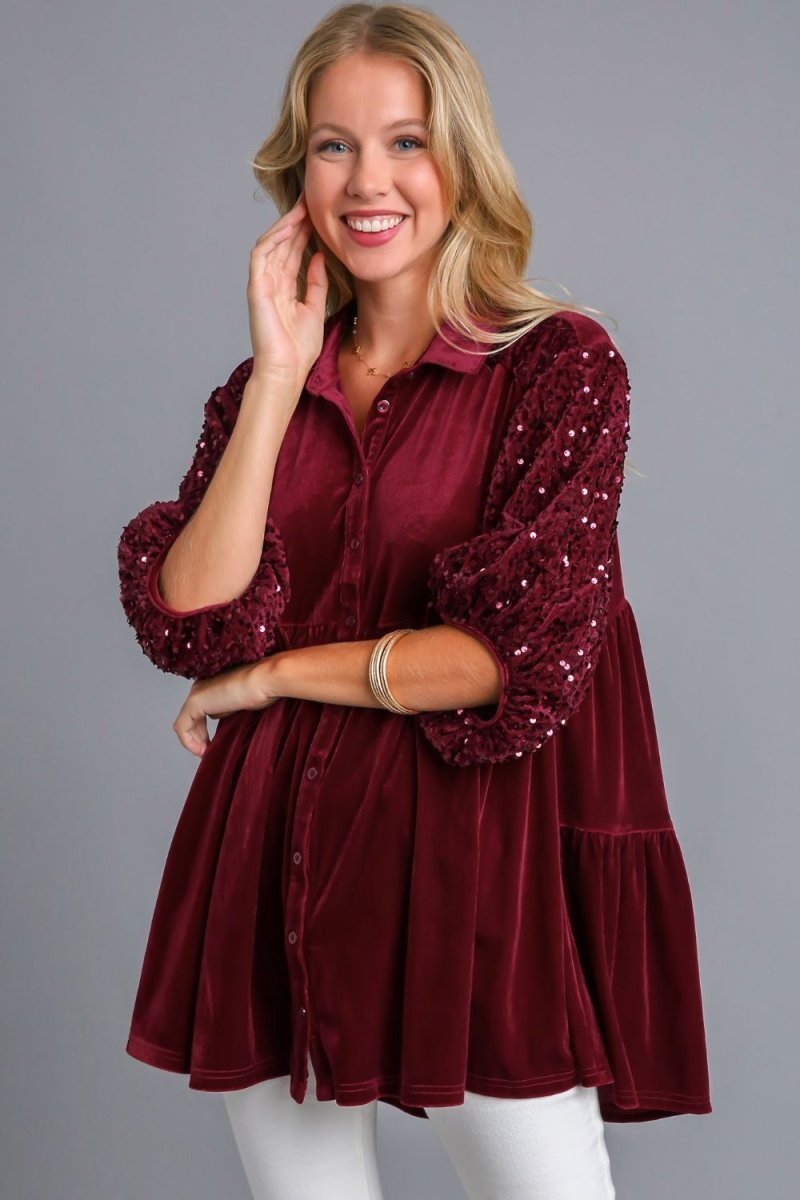 Umgee Sequin Detail Tiered Back Half Sleeve Shirt for Women - Love Salve 