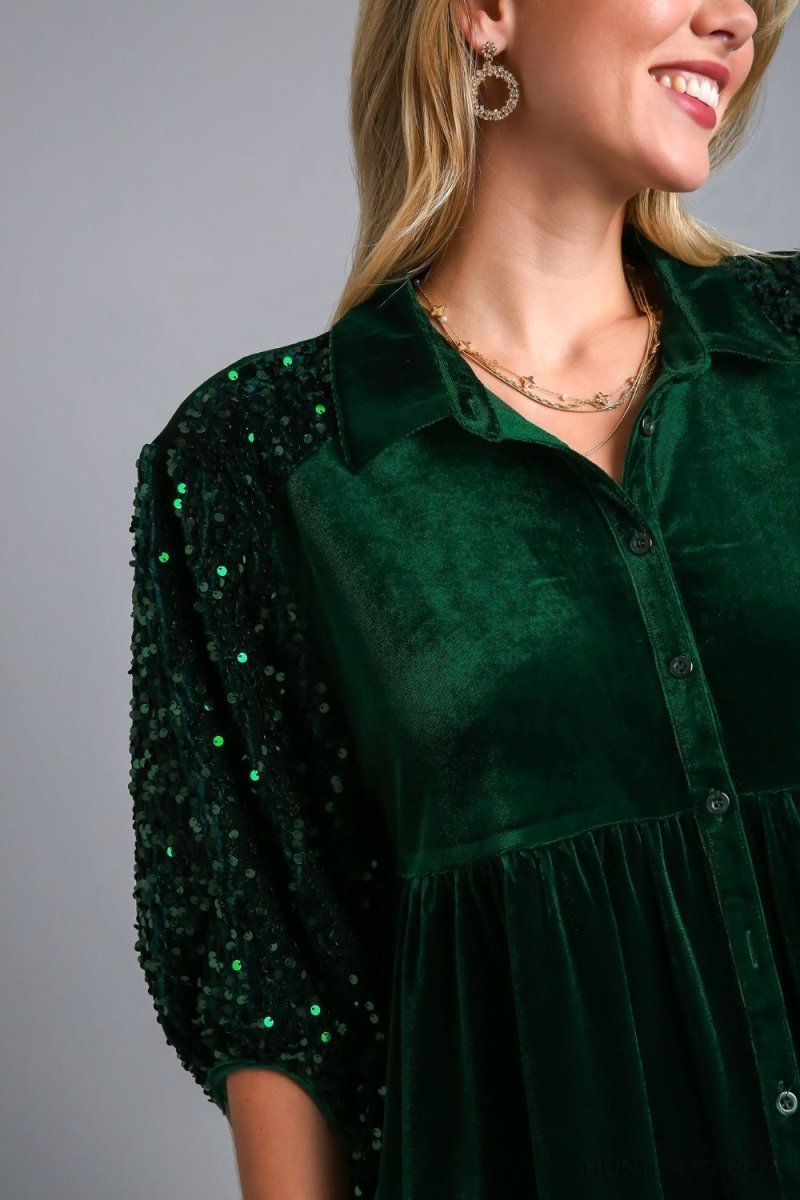 Umgee Sequin Detail Tiered Back Half Sleeve Shirt Women - Love Salve 