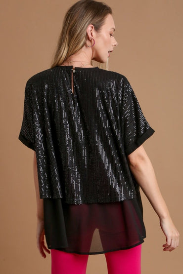 Umgee Sequin Half Sleeve Layered Blouse for Stylish Looks - Love Salve 
