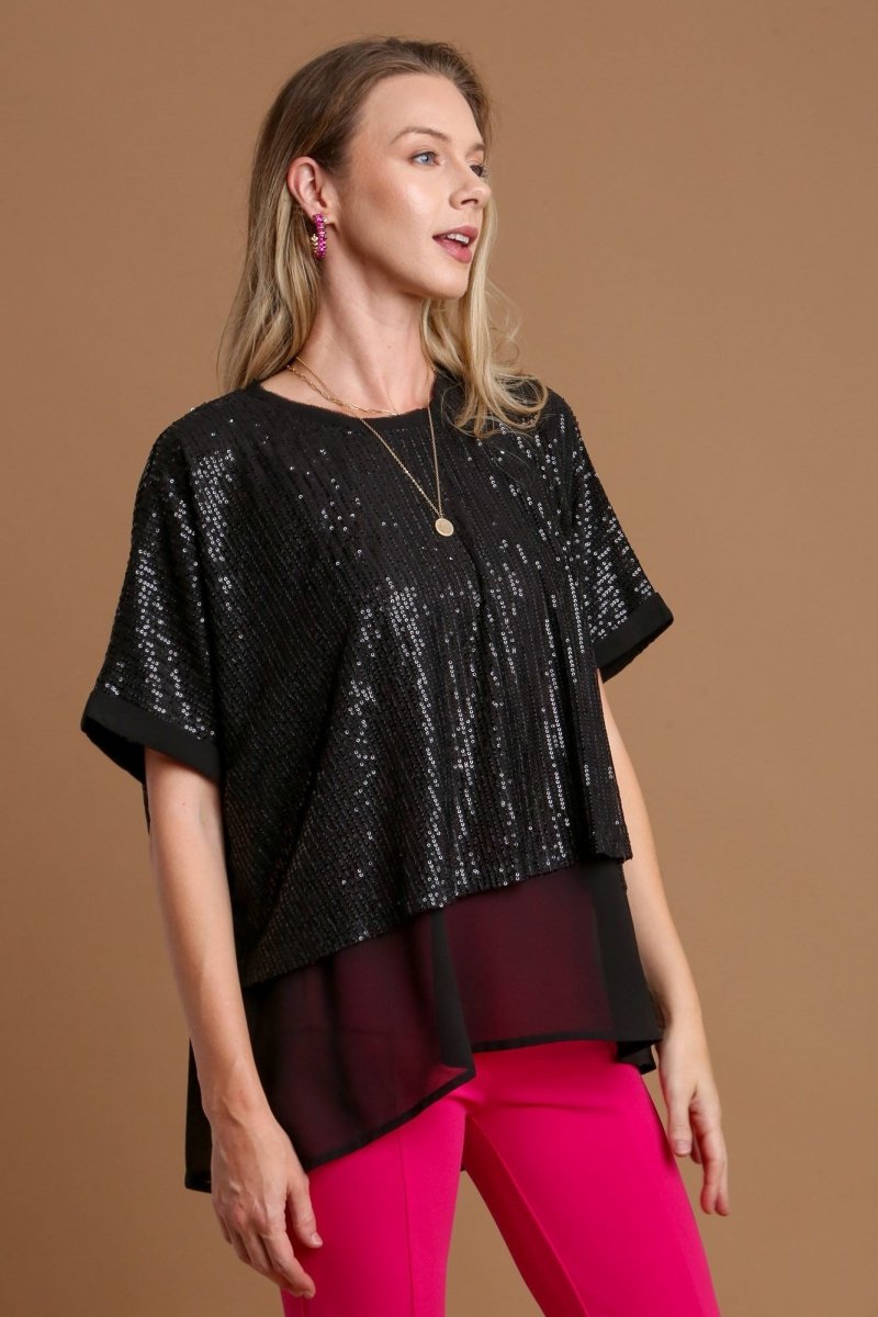 Umgee Sequin Half Sleeve Layered Blouse for Stylish Looks - Love Salve 