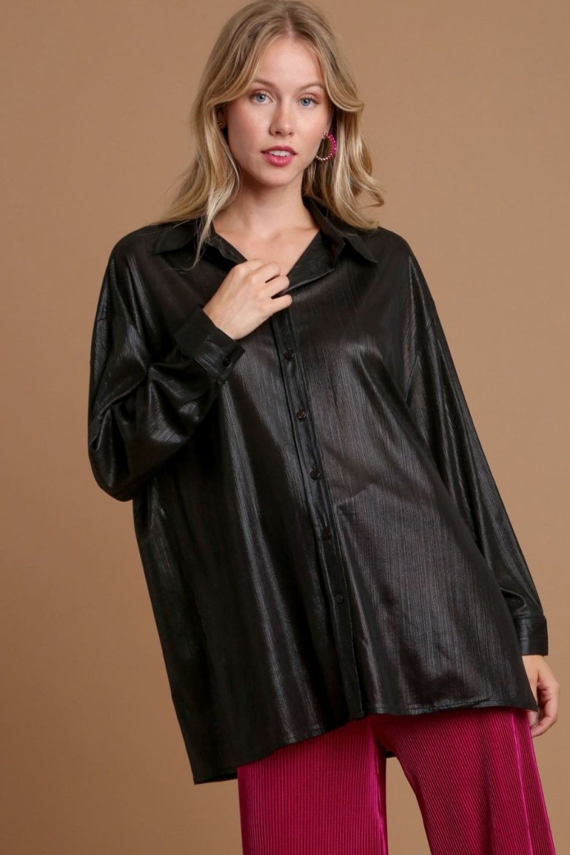 Umgee Side Slit Button Up Long Sleeve Shirt for Women - Love Salve 