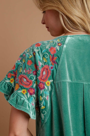 Umgee Velvet Embroidery Short Sleeve Blouse for Women - Love Salve 