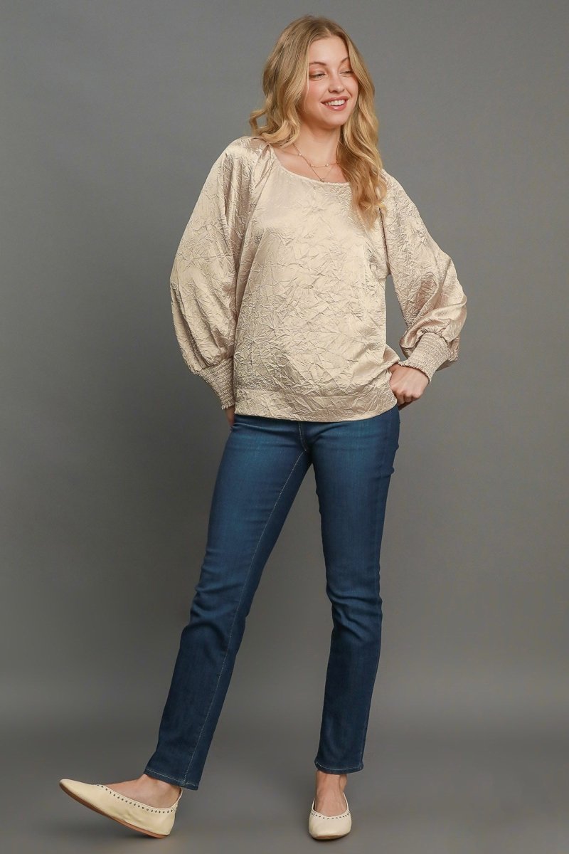 Umgee Wrinkled Round Neck Lantern Sleeve Blouse for Women - Love Salve 