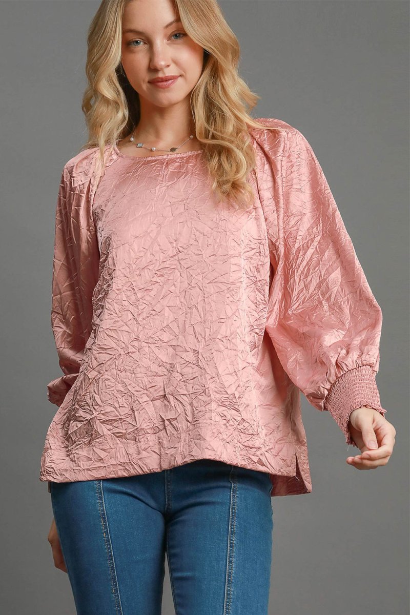 Umgee Wrinkled Round Neck Lantern Sleeve Blouse for Women - Love Salve 